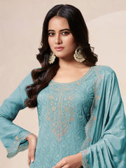 Blue Embroidered Organza Salwar Suit Set