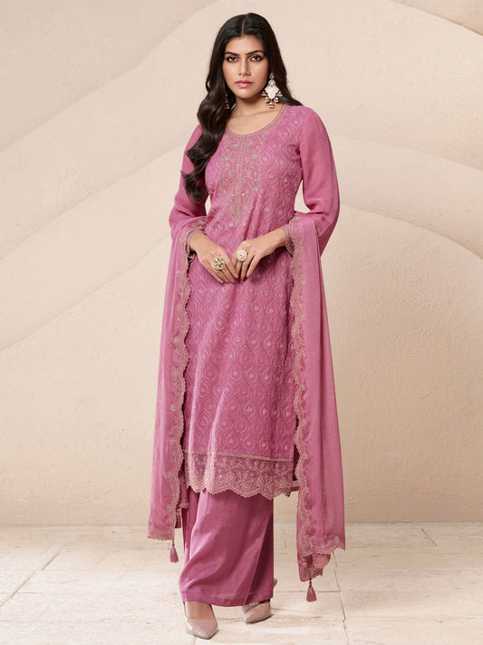 Pink Embroidered Salwar Suit Set In Organza