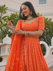 Radiant Orange Georgette Sequins Thread and Gota Patti Embroidered Umbrella Lehenga