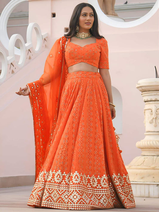 Radiant Orange Georgette Sequins Thread and Gota Patti Embroidered Umbrella Lehenga