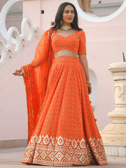 Radiant Orange Georgette Sequins Thread and Gota Patti Embroidered Umbrella Lehenga