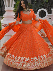 Radiant Orange Georgette Sequins Thread and Gota Patti Embroidered Umbrella Lehenga