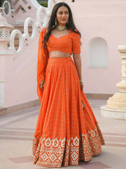 Radiant Orange Georgette Sequins Thread and Gota Patti Embroidered Umbrella Lehenga