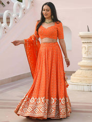 Radiant Orange Georgette Sequins Thread and Gota Patti Embroidered Umbrella Lehenga
