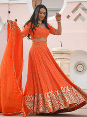 Radiant Orange Georgette Sequins Thread and Gota Patti Embroidered Umbrella Lehenga
