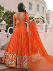 Radiant Orange Georgette Sequins Thread and Gota Patti Embroidered Umbrella Lehenga