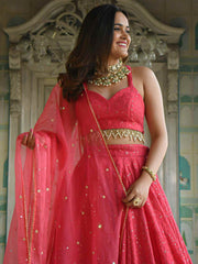 Red Georgette Sangeet Lehenga Choli with Sequins and Thread Work