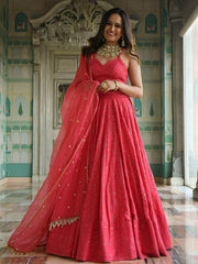 Red Georgette Sangeet Lehenga Choli with Sequins and Thread Work