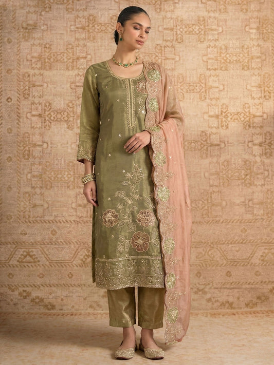 Mehndi Green Simmer Silk Embroedred Salwar Suit