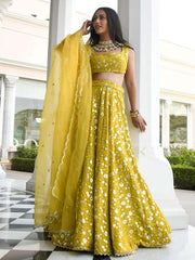 Stunning Olive Georgette Sequins Thread Embroidered Umbrella Lehenga