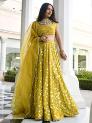 Stunning Olive Georgette Sequins Thread Embroidered Umbrella Lehenga