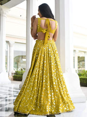 Stunning Olive Georgette Sequins Thread Embroidered Umbrella Lehenga