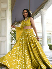 Stunning Olive Georgette Sequins Thread Embroidered Umbrella Lehenga