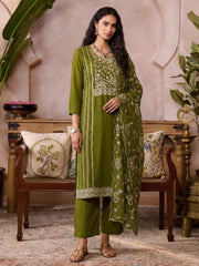 Olive �lan Organza Kurta Set