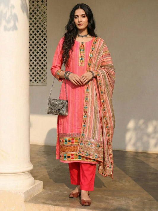 Pink Cotton Printed Embroidered Sequins Straight Pant