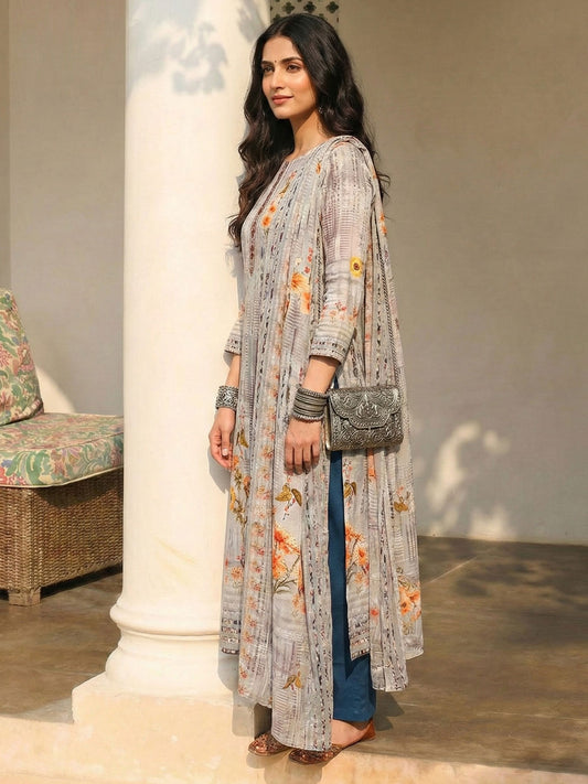 Grey Cotton Printed Embroidered Sequins Straight Pant