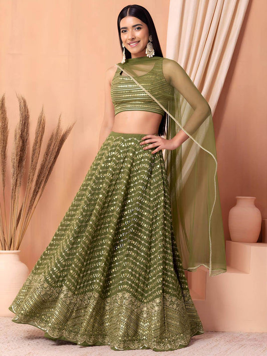 Majestic Green Georgette Thread Sequins and Multiple Sequins Embroidered Umbrella