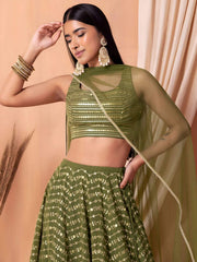 Majestic Green Georgette Thread Sequins and Multiple Sequins Embroidered Umbrella