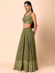 Majestic Green Georgette Thread Sequins and Multiple Sequins Embroidered Umbrella