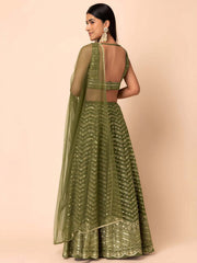 Majestic Green Georgette Thread Sequins and Multiple Sequins Embroidered Umbrella
