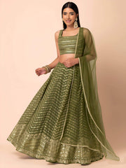 Majestic Green Georgette Thread Sequins and Multiple Sequins Embroidered Umbrella