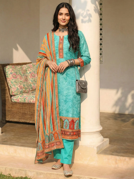 Blue Cotton Printed Embroidered Sequins Straight Pant