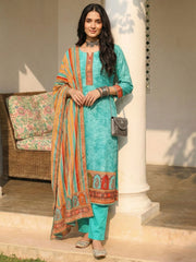 Blue Cotton Printed Embroidered Sequins Straight Pant