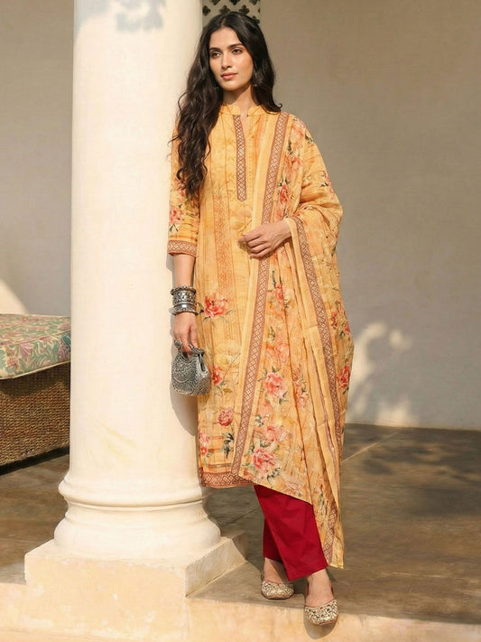 Orange Cotton Printed Embroidered Sequins Straight Pant