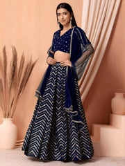 Alluring Navy Blue Embroidered Georgette Lehenga Choli With Dupatta