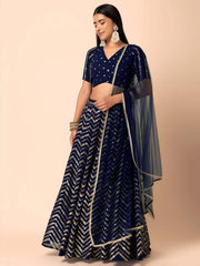 Alluring Navy Blue Embroidered Georgette Lehenga Choli With Dupatta