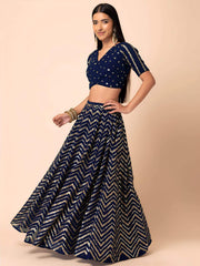 Alluring Navy Blue Embroidered Georgette Lehenga Choli With Dupatta