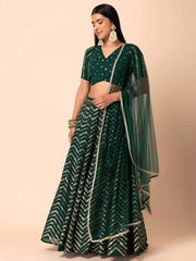 Attractive Green Embroidered Georgette Mehendi Wear Lehenga Choli