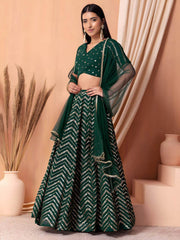 Attractive Green Embroidered Georgette Mehendi Wear Lehenga Choli
