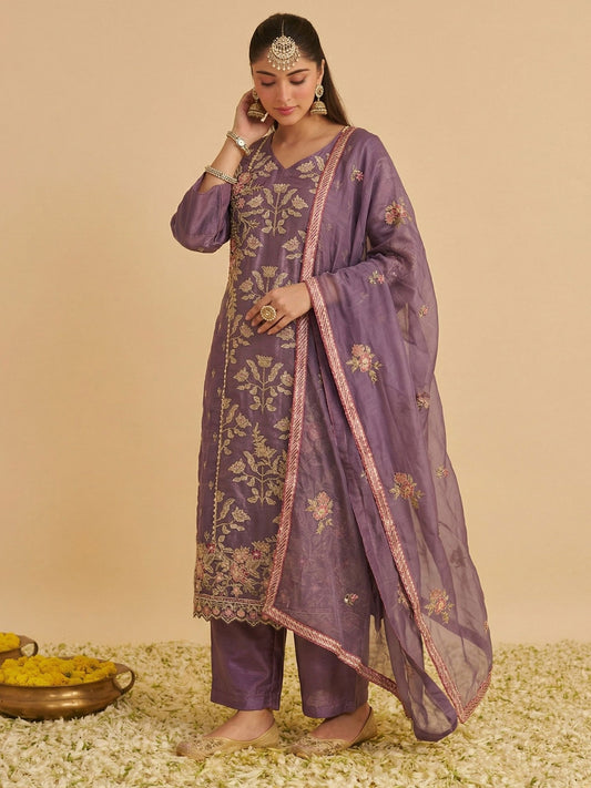 Zariya Lilac Shimmer Silk Suit Set