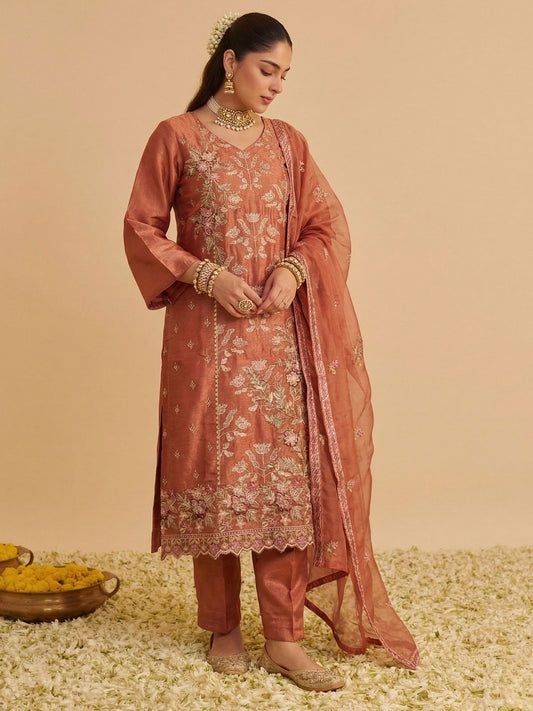 Zariya Rust Shimmer Silk Suit Set