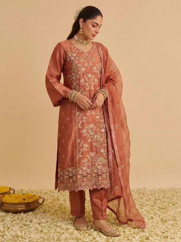 Rust Pure Shimmer SIlk Embroidered Salwar Kurta Dress