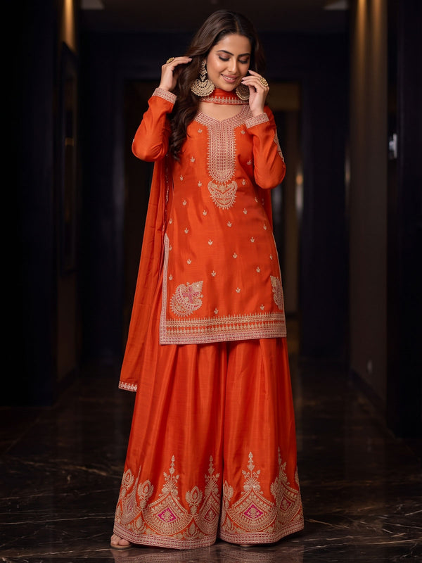 Orange Chinnon Silk Festive Style Palazzo Suit