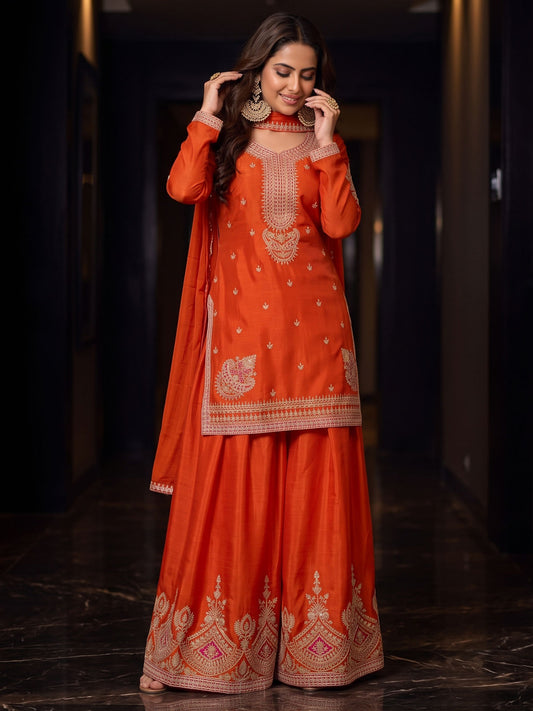 Orange Chinnon Silk Festive Style Palazzo Suit