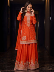 Orange Chinnon Silk Festive Style Palazzo Suit