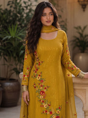 Mustard Georgette Salwar Suit with Embroidered, Sequins and Thread Work