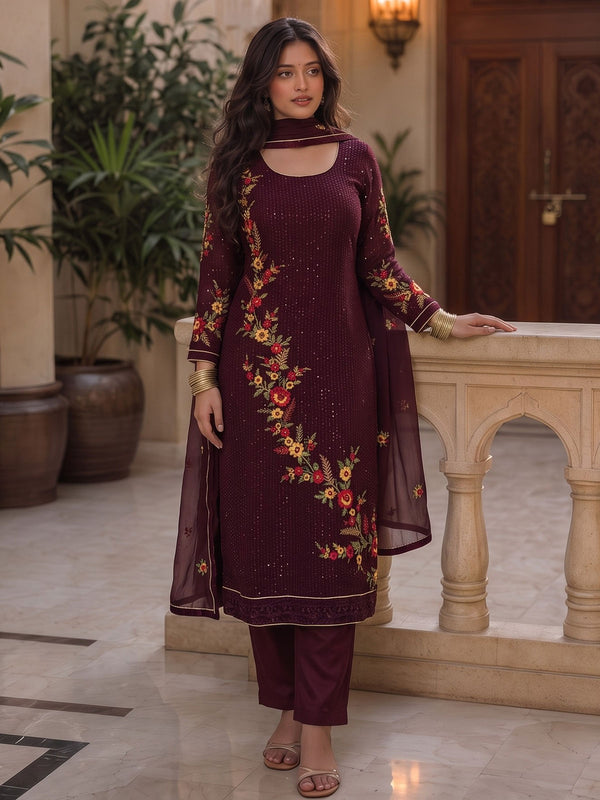 Embroidered, Sequins and Thread Work Georgette Pant Style Suit In Wine Colour