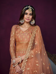 Peach Net Partywear Anarkali-Suit
