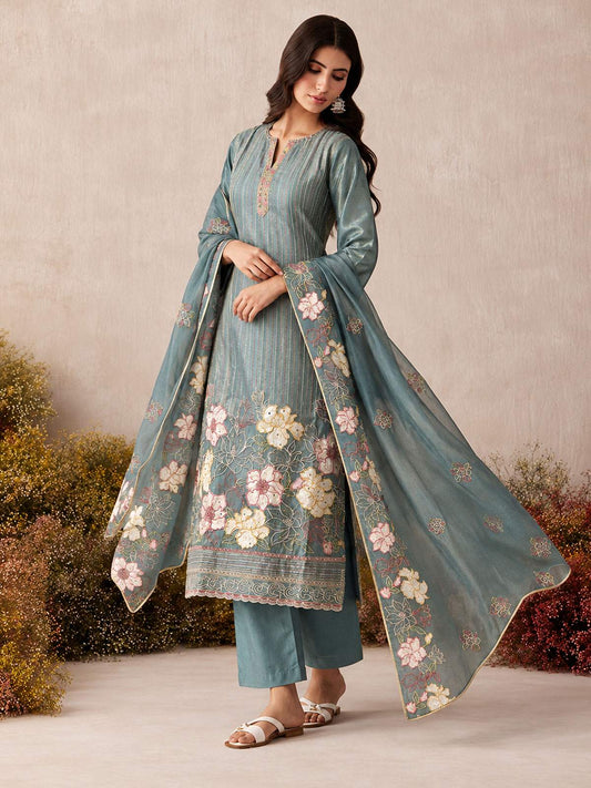 Aqua Blue Shimmer Embroidered Work Pant Style Suit