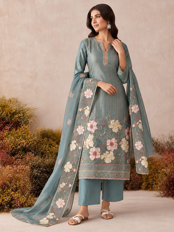 Aqua Blue Shimmer Embroidered Work Pant Style Suit