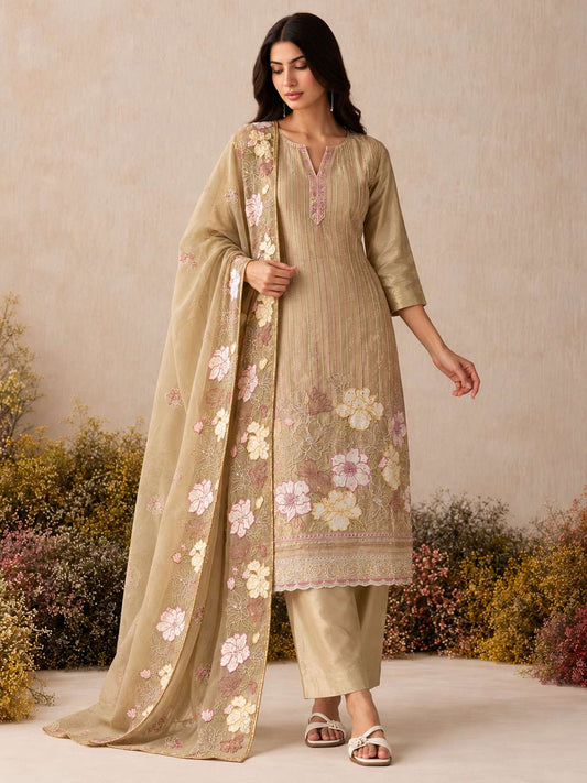 Beige Embroidered Work Shimmer Salwar Suit
