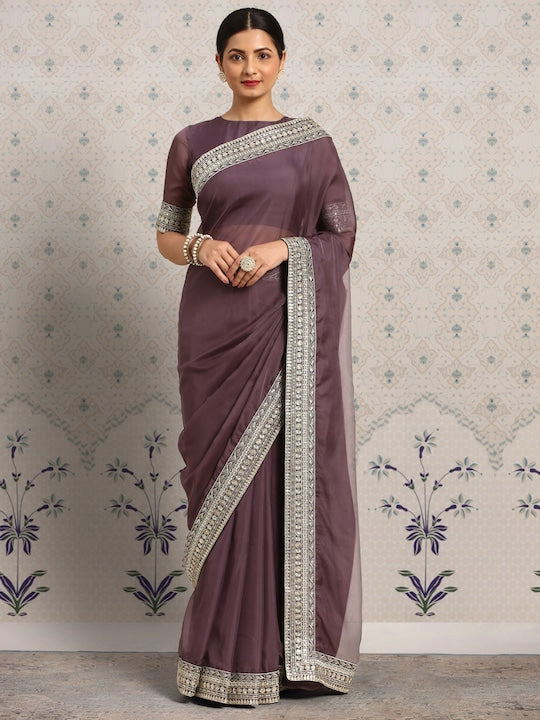 Mauve Sequinned Organza Saree