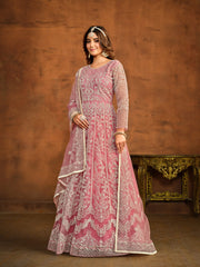 Pink Net Partywear Anarkali-Suit