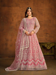 Pink Net Partywear Anarkali-Suit