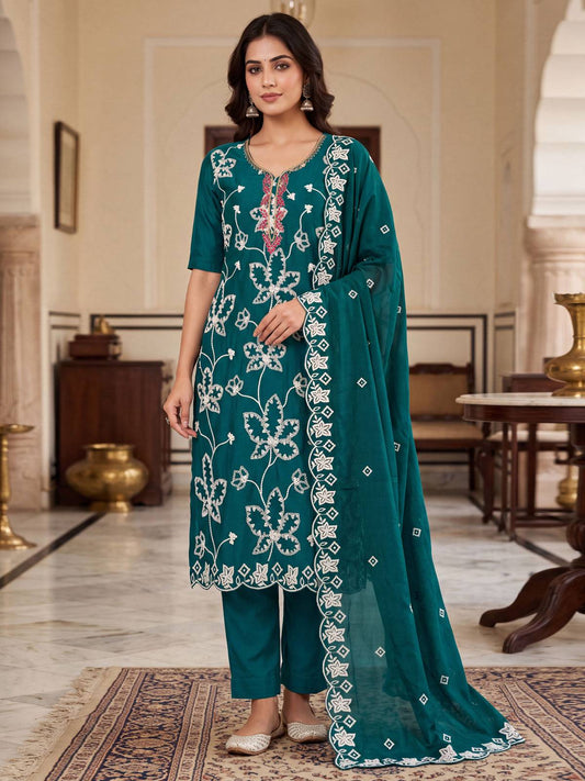 Teal Cotton Silk Ethnic Salwar Suit