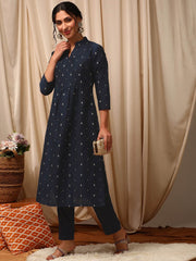 Women Navy Blue Ethnic Woven Design Stright Kurta